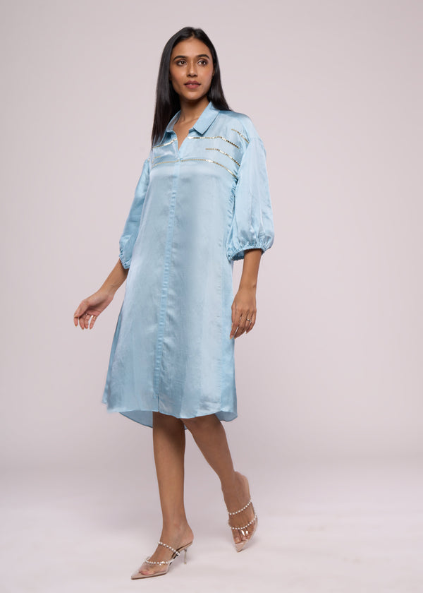 SILVER SPARKLES BLUE SHIRT DRESS - Sample Sale
