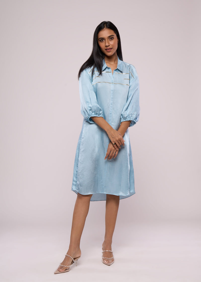 SILVER SPARKLES BLUE SHIRT DRESS - Sample Sale