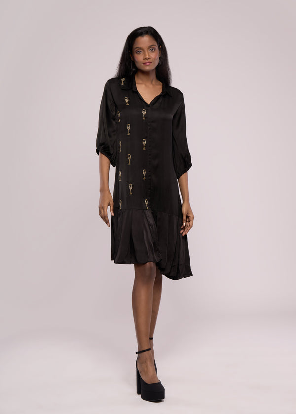 WINE GLASS BLACK SHIRT DRESS - Sample Sale