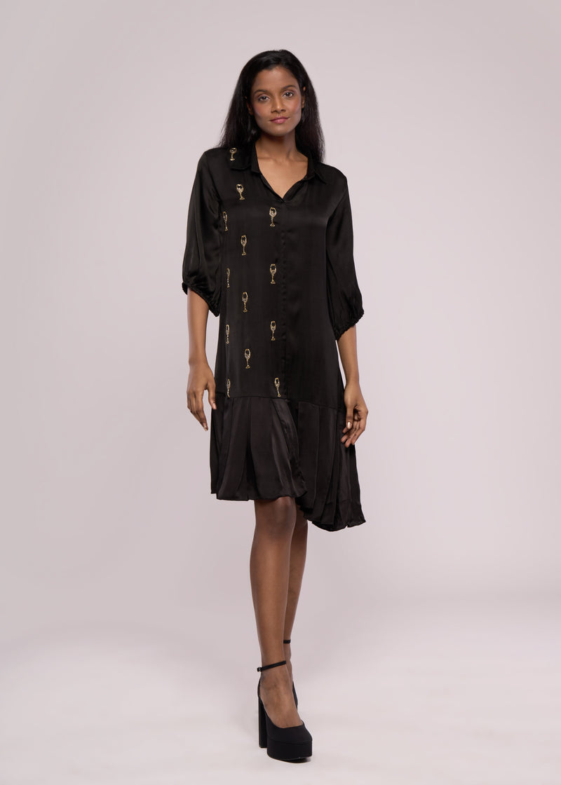 WINE GLASS BLACK SHIRT DRESS - Sample Sale