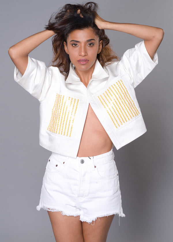 YELLOW FIELD WHITE CROP JACKET