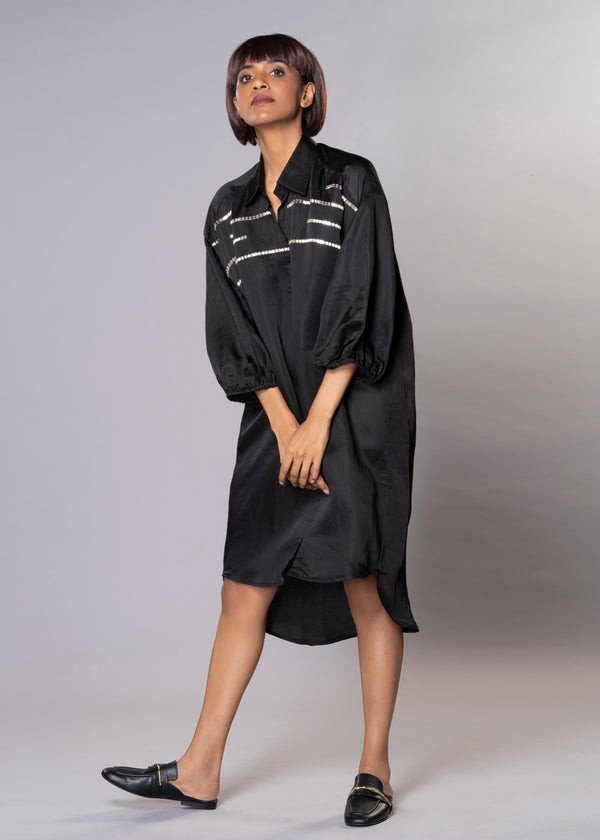 SILVER SPARKLES BLACK SHIRT DRESS