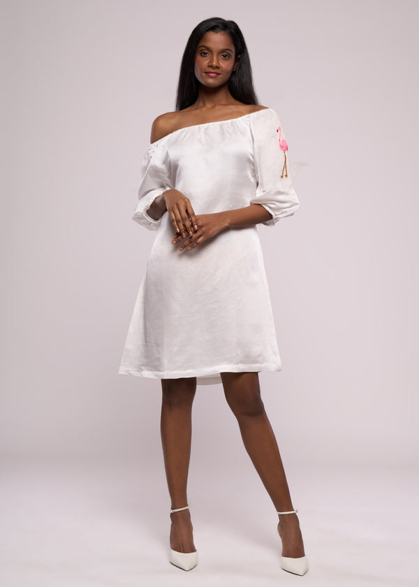 FLAMINGO WHITE OFF-SHOULDER DRESS