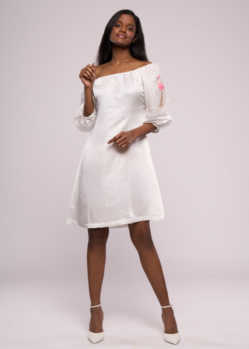 FLAMINGO WHITE OFF-SHOULDER DRESS