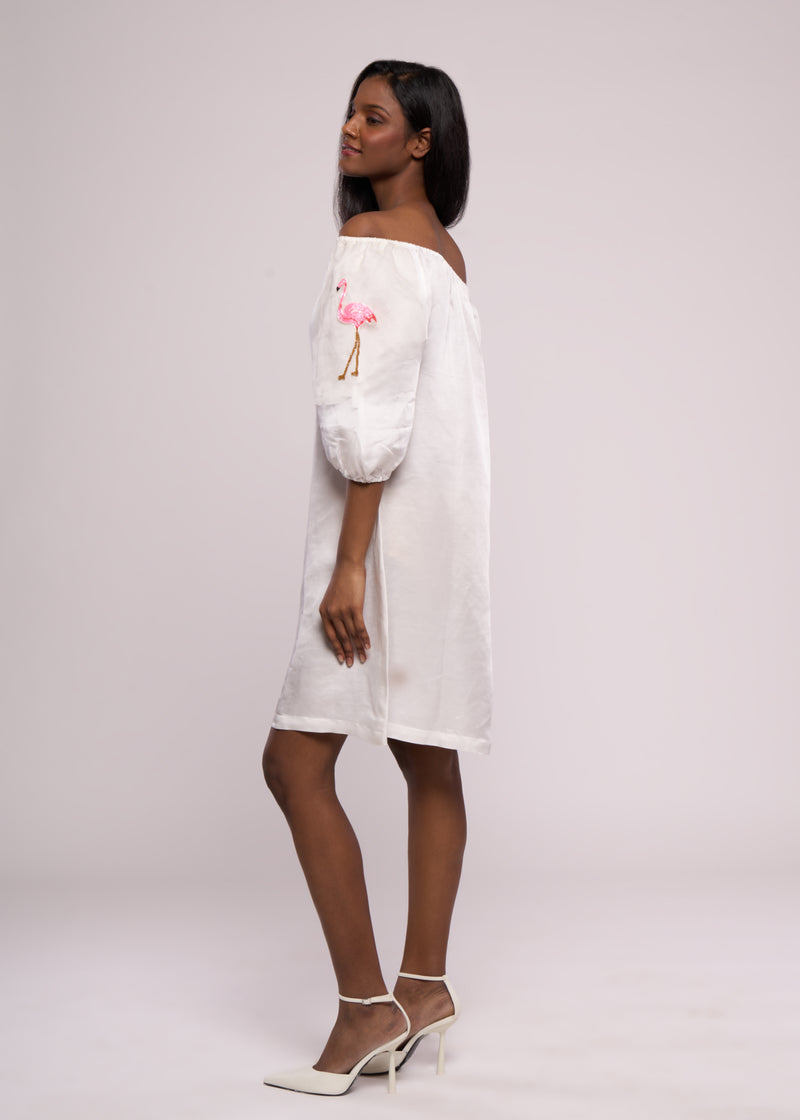 FLAMINGO WHITE OFF-SHOULDER DRESS
